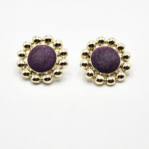 Vintage Large Purple Suede Leather Statement Runway Clip On Earrings Gold Tone